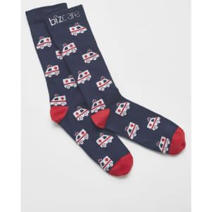 Unisex Happy Feet Comfort Socks in navy with red accents, featuring an ambulance pattern and a logo.