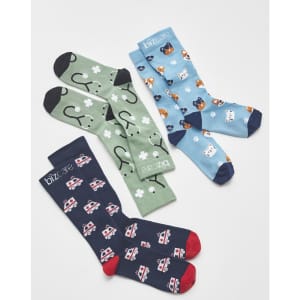 Unisex Happy Feet Comfort Socks in green with medical symbols, blue with animals, and navy with emergency vehicles.
