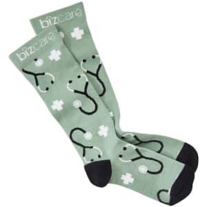 Unisex Happy Feet Comfort Socks in green featuring a stethoscope design and black accents. Includes branding.