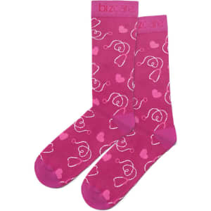 Unisex pink socks featuring a whimsical design of hearts and swirls, with a logo on the cuff.