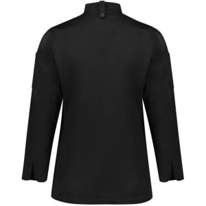 A black long sleeve chef jacket with a high collar and two side slits at the sleeves. It features a logo.