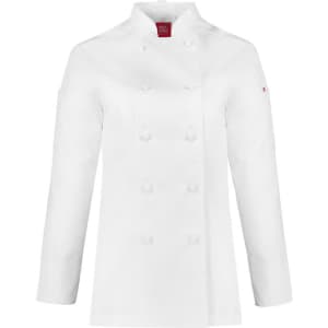 A white long sleeve chef jacket featuring a classic double-breasted design and an embroidered logo on the sleeve.