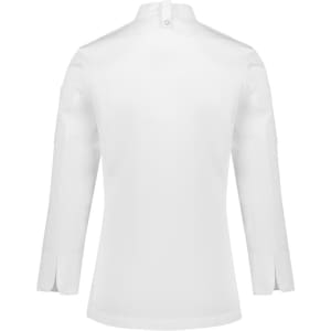 A white long sleeve chef jacket with a high collar and side slits, featuring a logo on the sleeve.