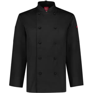 A black long sleeve chef jacket with a double-breasted design and a logo on the sleeve.