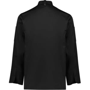 A black long sleeve chef jacket with a back view, featuring a structured design and a logo on the sleeve.