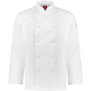 A white long sleeve chef jacket with a double-breasted design and branding on the sleeve.