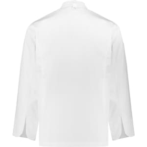 A white long sleeve chef jacket featuring a back view with a button closure and a branding logo.