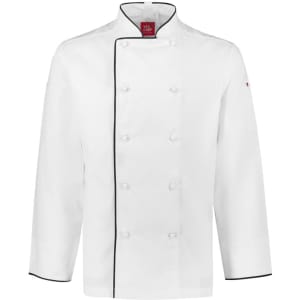 A white long sleeve chef jacket with black piping, featuring buttons and a logo on the sleeve.