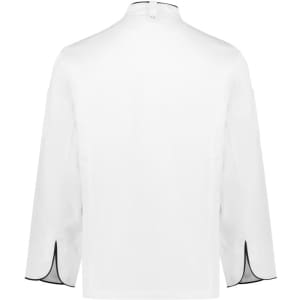 A white long sleeve chef jacket with black detailing, featuring a collar and tailored fit. Includes a logo on the sleeve.