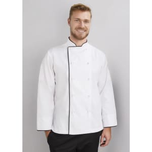 A white long sleeve chef jacket with black trim, worn by a smiling male model, is displayed against a neutral background.