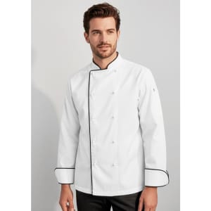 A white long sleeve chef jacket with black trim, featuring a double-breasted design and a logo on the sleeve.