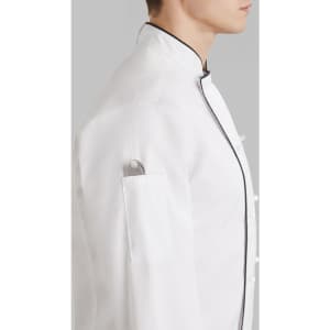 A white long sleeve chef jacket with a black trim, featuring a side pocket and a collarless design.
