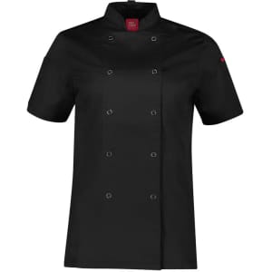 A short sleeve jacket in black, featuring double breasted buttons and a collar, with a logo on one sleeve.