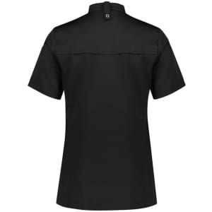 A black women's short sleeve jacket with a back button and a collar, featuring a logo on one sleeve.