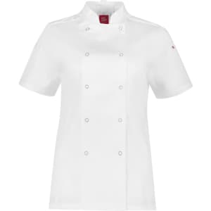 A white short sleeve chef jacket with a fitted design and a logo on the chest. Suitable for kitchen uniforms.