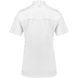 A white short sleeve jacket features a stand collar and a button closure, designed for women in chefwear.
