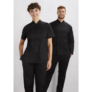 A black short sleeve jacket designed for women, featuring a double-breasted front and accompanied by black trousers.