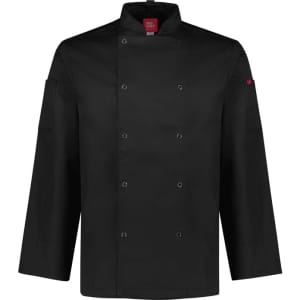 A black long sleeve jacket with a double-breasted front and logo on the sleeve, designed for chefwear uniforms.