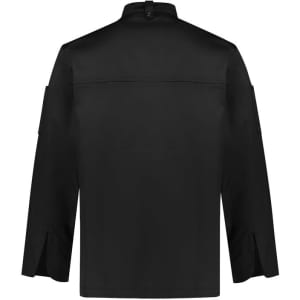 A black long sleeve jacket with a high collar and side vents, featuring a logo on the sleeve.