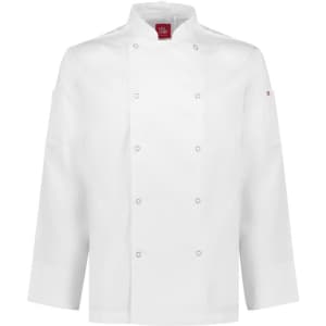 A white long sleeve jacket with a high collar and double-breasted front, featuring a logo on the sleeve.