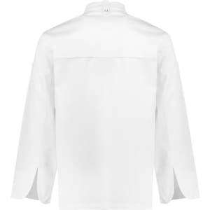A white long sleeve jacket with a high collar and side slits, featuring a logo on the back.