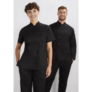 A black long sleeve chef jacket is displayed on a male and female model, forming part of a professional chef uniform.