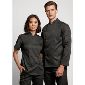 A short sleeve chef jacket in black, worn by a model and a model, featuring a logo on the sleeve.