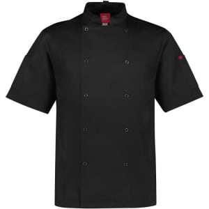 A black short sleeve chef jacket featuring a double-breasted design and one logo on the sleeve.