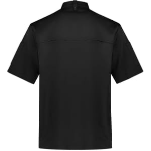 A black short sleeve chef jacket featuring a back yoke and pockets, with a logo on the sleeve.