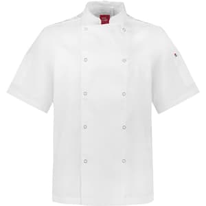A white short sleeve chef jacket featuring a double-breasted design and a brand logo on the sleeve.