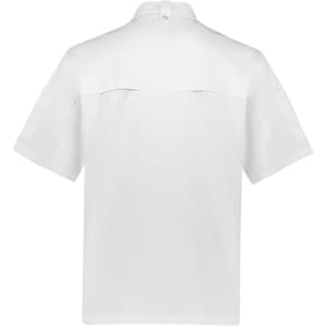 A short sleeve chef jacket in white, featuring a back view with a collar and side pockets. It has a logo.