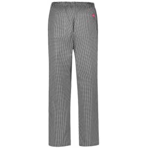 Striped women's scrub pants with an elastic waistband and pockets. Features a logo on one side.