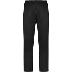 A pair of black track pants with an elastic waistband and a simple design, featuring a logo.