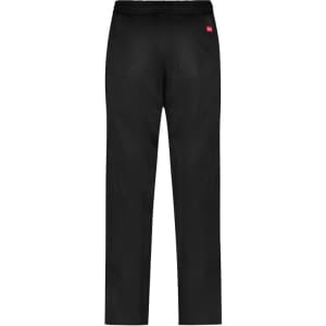 A pair of black track pants featuring an elastic waistband and back pockets, with a logo tag.