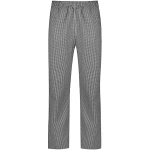 A pair of black and white striped track pants with an elastic waistband and straight legs.