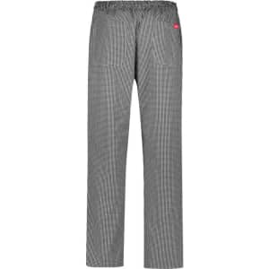 A pair of men's track pants featuring a striped design, elastic waistband, and a logo on the back.