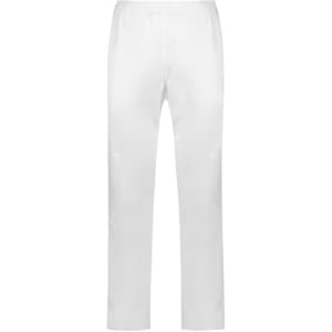 A pair of white track pants featuring an elasticised waistband and a logo.