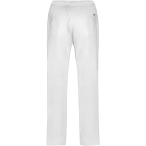 A pair of white track pants with an elastic waistband and minimal branding on the back.