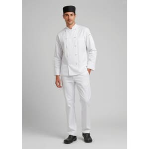 A chef in a white uniform and hat stands confidently, wearing black shoes and white trousers. The outfit features a logo.
