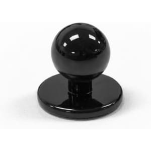 A black chef jacket button with a rounded top and a flat base. The item is shiny and simple in design.