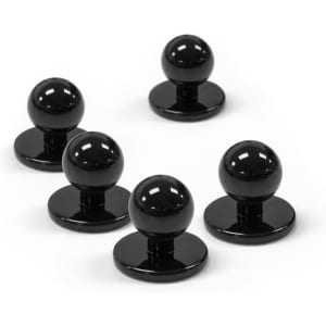 A set of five black chef jacket buttons arranged on a white background, featuring a glossy finish.