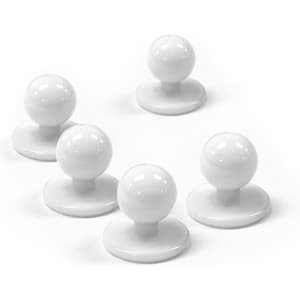 A set of five white chef jacket buttons displayed on a plain background.
