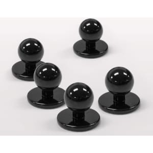 A set of five black chef jacket buttons with rounded tops and flat bases, designed for uniforms.