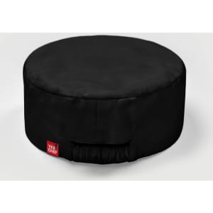 A round, black chef cap with a gathered elastic section and a small branded label.