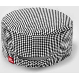 A black and white checked chef cap with a branding label on the side.