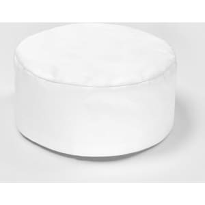 A round white chef cap with a smooth surface, suitable for kitchen uniforms. It features a logo on the side.