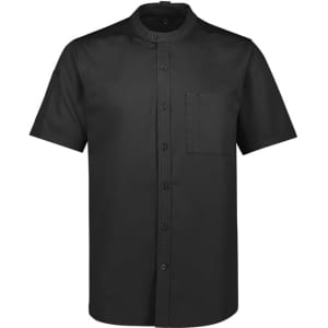 A short sleeve black chef shirt with a mandarin collar and a chest pocket, featuring a logo.
