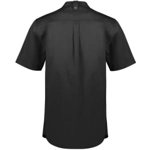 A black short sleeve chef shirt with a button closure and a logo on the back.