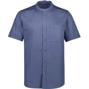 A short-sleeve chef shirt in navy blue with a stand-up collar and a front pocket, featuring a logo.