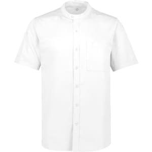 A short sleeve chef shirt in white with a button-up front and a chest pocket, featuring a logo.